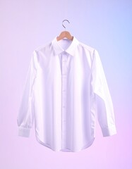 A crisp, white, long-sleeved button-down shirt hangs on a wooden hanger against a soft purple-blue gradient background