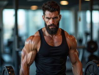 Muscular Man Focused on Intense Weightlifting Workout in Gym