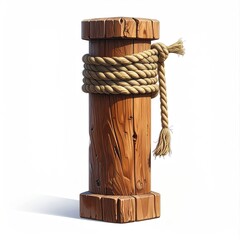 A digitally rendered, weathered wooden post with a thick rope wrapped around its middle, secured with a simple knot and loose end