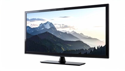 Flat-screen television displaying a scenic mountain landscape at sunrise/sunset, black bezel, and a simple stand