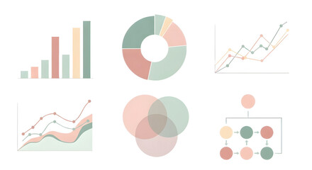 Infographics with financial data chart graphs in muted pastel colors isolated PNG with Transparent Background