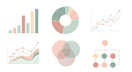 Infographics with financial data chart graphs in muted pastel colors isolated PNG with Transparent Background