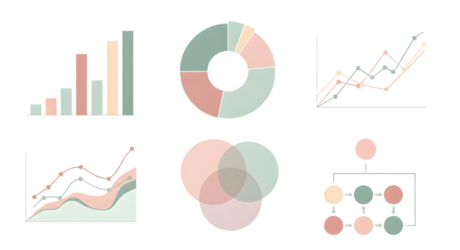 Infographics with financial data chart graphs in muted pastel colors isolated PNG with Transparent Background