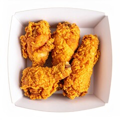 Crispy golden-brown fried chicken drumsticks and pieces in a white cardboard takeout container, isolated on white