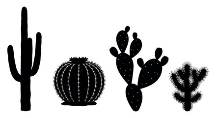 Collection of diverse desert cactus silhouettes in black and white representing various species and shapes isolated on transparent background © PixelSaga MH2 