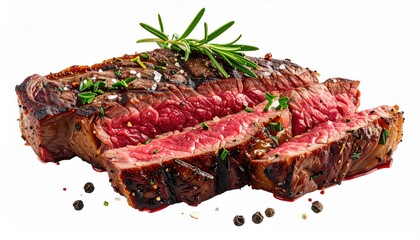 Seared steak, sliced, medium-rare, seasoned with rosemary, salt, and pepper, rests on a white background.  Juicy, delicious, and visually appealing