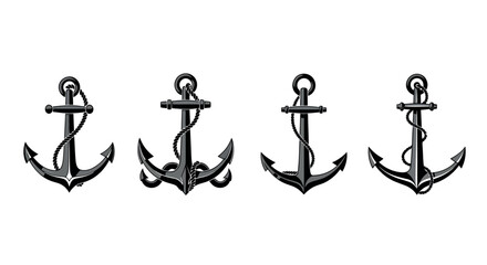 Four vintage nautical anchors in silhouette style with ropes attached isolated on transparent background