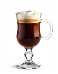 A rich, dark coffee drink topped with a thick layer of fluffy cream, served in a stemmed glass with a clear handle, isolated on a white background