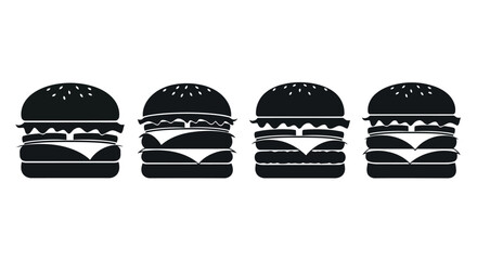 Four stylized black hamburger silhouettes with layered ingredients displayed in a row isolated on transparent background