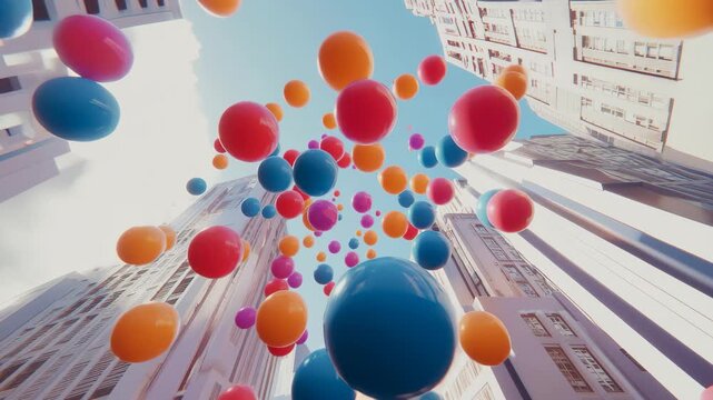 Colorful spheres collide above urban buildings in a bright blue sky filled with vibrant hues, 3D of colored spheres that collide in the middle of the screen and finally fall down