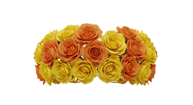 Vibrant yellow and orange roses arranged in a decorative half circle floral element isolated PNG with Transparent Background
