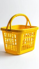 A vibrant yellow plastic shopping basket with a sturdy handle, featuring a gridded design for ventilation and visibility of contents
