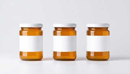 Three amber glass jars with blank white labels, arranged in a row against a white background