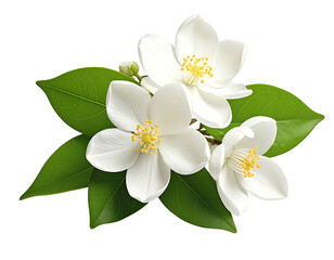 Obraz premium Close-up of three white jasmine flowers with green leaves