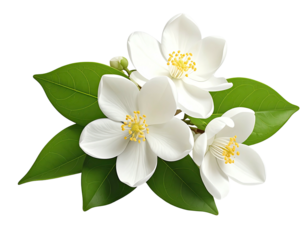 Close-up of three white jasmine flowers with green leaves