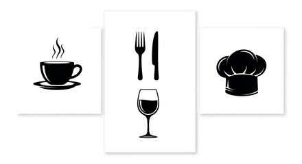 A black silhouette of a steaming coffee cup and saucer a fork and knife and a wine glass isolated on transparent background silhouette