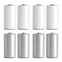Eight cylindrical batteries, four white and four light gray, arranged in two rows of four, isolated on white background