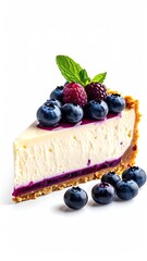 A creamy cheesecake slice, adorned with blueberries, raspberries, blackberries, and mint, sits on a white background, showcasing a graham cracker crust and a berry glaze