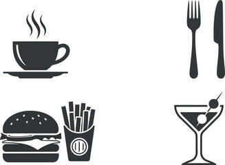 Collection of four distinct black silhouette icons representing cafe food and drink items including a steaming coffee cup with cafe text a burger and fries and a martini glass isolated on transparent 