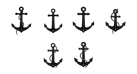 Collection of seven vintage nautical anchor silhouettes in black isolated on transparent background representing maritime adventure and seafaring traditions silhouette