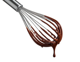 Melted chocolate drips from a metal whisk