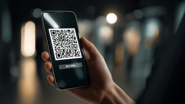 Man holding smartphone displaying QR code in blurred background   - Powered by Adobe