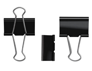 Binder clip for paper or Realistic metallic black paper clip. Office supplies or page clamp. Set of closed metal paper clips isolated on transparency background.