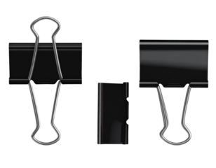 Binder clip for paper or Realistic metallic black paper clip. Office supplies or page clamp. Set of closed metal paper clips isolated on transparency background.