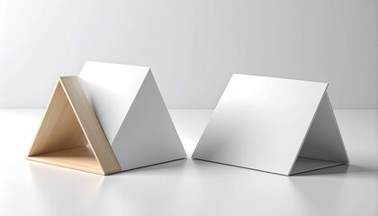 Two minimalist triangular displays; one features a light wood frame, the other is plain white, both standing on a reflective white surface