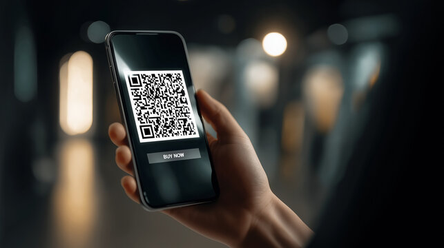 Hand holding smartphone displaying QR code in modern environment  