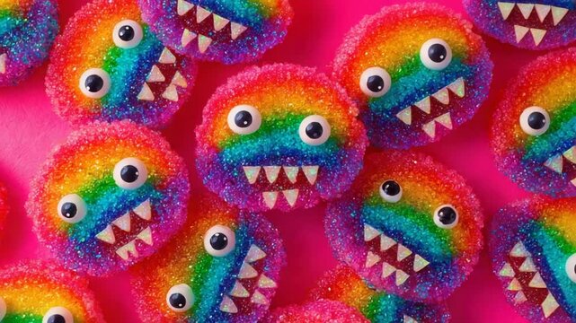 Whimsical Rainbow Monster Cookies with Sparkly Glitter and Googly Eyes.