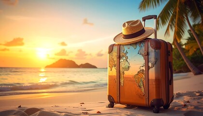Suitcase on beach at sunset