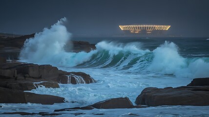 Dramatic ocean waves crash against rocky shore under a dark sky with distant illuminated structure.