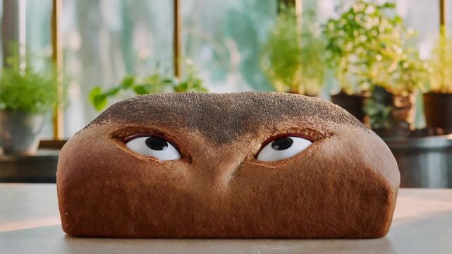 Playful Loaf of Bread with Wide Open Eyes Peeking Out from Behind.
