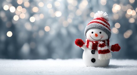Obraz premium A cute snowman stands in the white, snowy landscape, wearing a red and white scarf and a hat