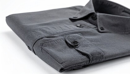 Folded gray shirt, button-down style, on white background