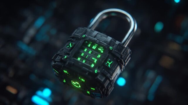 Futuristic lock with glowing green digital code, showcasing advanced security technology.