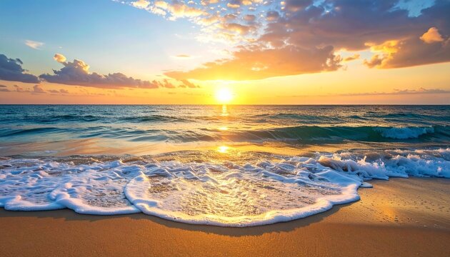 Tranquil Ocean Horizon at Sunrise with Gentle Waves Lapping the Shore and Peaceful Coastal Beach Setting for World Oceans Day