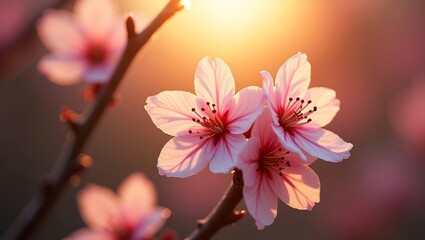 Close-up of delicate pink cherry blossoms blooming on a branch, illuminated by sunlight.