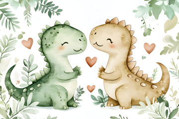 Watercolor Dinosaurs Holding a Heart in a Prehistoric Jungle. Charming Nursery Art