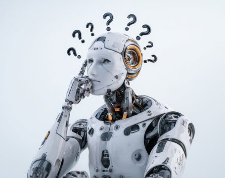 A modern robot with a pensive expression, his head surrounded by question marks