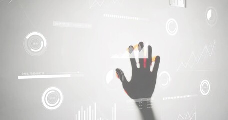 Silhouette hand rising, tapping gauge, pressing bar chart, dragging chart to animate data - Powered by Adobe