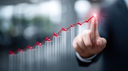 Hand Interacting with Rising Bar Chart with Red Line in Cinematic Style