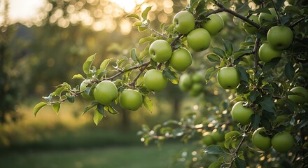 Green apples on branch outdoors