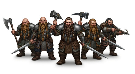 Group of fantasy dwarf warriors with weapons isolated on white background, digital illustration, concept art for tabletop games and books