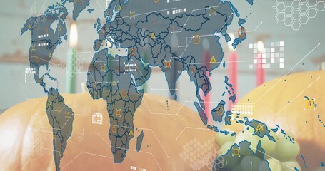 Map emerging over fruits, borders drawing, icons fading, lines connecting, creating data overlay - Powered by Adobe