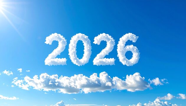 A surreal and optimistic concept for the year 2026, with the numbers floating as soft clouds in a dreamy, sun-drenched blue sky - Powered by Adobe