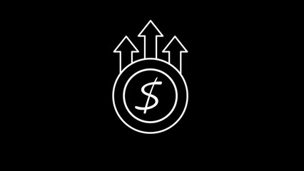 White Outline Icon Of A Coin With Dollar Sign And Three Upward Arrows On Black Background money finance