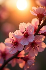 Close-up of delicate pink cherry blossoms on a branch, bathed in warm sunlight.
