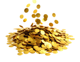 Golden coins cascade over a large pile